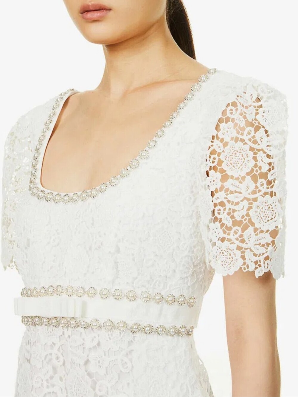 Self-Portrait Pearl-Embellished Guipure Lace Scoop-Neck White Mini Dress - Picture 3 of 14